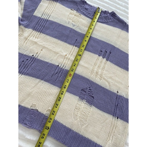 PAPER MOON Womens Purple Ivory Distressed Knit Crew neck‎ Sweater Oversized Sz S - Picture 9 of 9